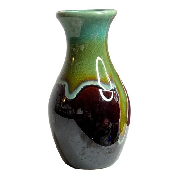 Unbranded unsigned Blue Green Brown drip‎ glaze 5” bud vase crazing FLAW - Picture 2 of 10